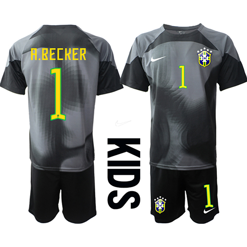 Brasilien Alisson Becker #1 Målvakt Hemmaställ Barn VM 2022 Kortärmad (+ Korta byxor)